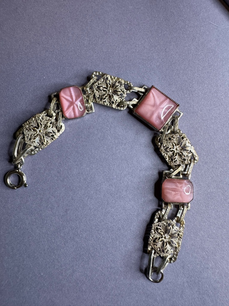 Vintage Silver Tone Pink Glass Bracelet Preowned